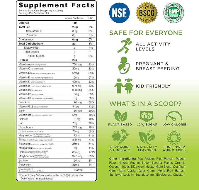 TRU Plant Based Protein Powder, BCAA, EAA, 20g Vegan Protein, 100 Calories, 27 Vitamins, No Artificial Flavors 25 Servings (Peanut Butter Banana Cupcake)