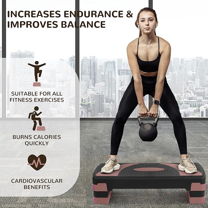 Step Aerobic Platform, Exercise Step with 5 levels Adjustable Height, 4 Stackable Risers, Fitness Training Workout Stepper for Home Gym, Cardio Strength, Multiple Options