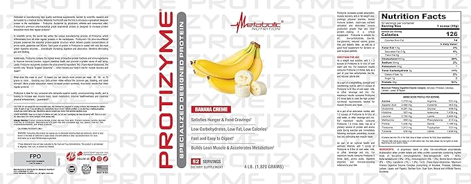 Metabolic Nutrition, Protizyme, 100% Whey Protein Powder, High Protein, Low Carb, Low Fat Whey Protein, Digestive Enzymes, 24 Essential Vitamins and Minerals, 4 Pound (52 ser)
