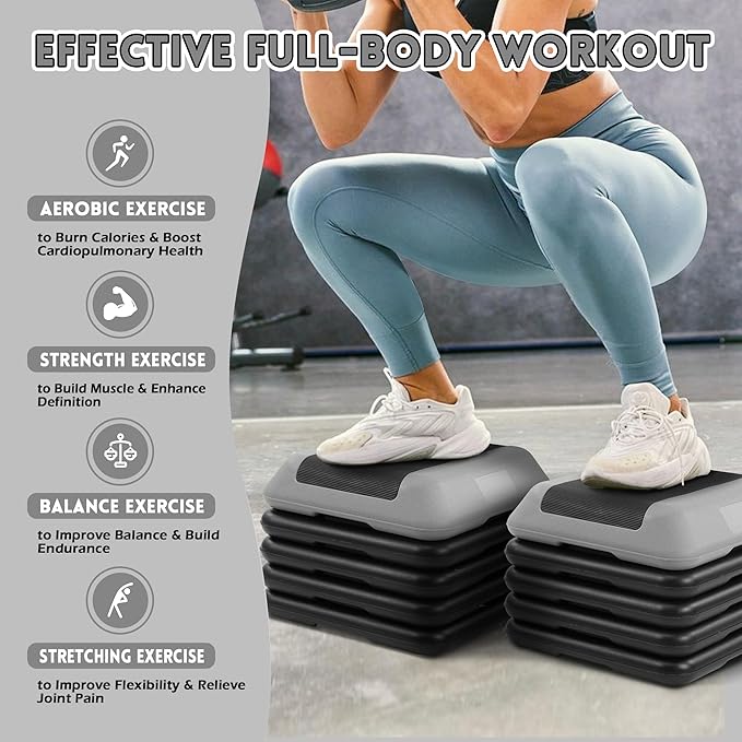 Step Aerobic Platform, Exercise Step with 5 levels Adjustable Height, 4 Stackable Risers, Fitness Training Workout Stepper for Home Gym, Cardio Strength, Multiple Options