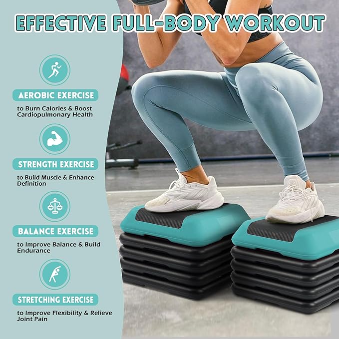 Step Aerobic Platform, Exercise Step with 5 levels Adjustable Height, 4 Stackable Risers, Fitness Training Workout Stepper for Home Gym, Cardio Strength, Multiple Options