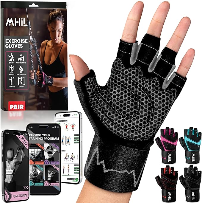 MhIL Workout Gloves for Women โ Comfortable Gym Gloves for Women with Hand Protection and Enhanced Grip โ Weight Lifting Glove for Womens with Wrist Wraps Support for Safety, Hygiene and Style