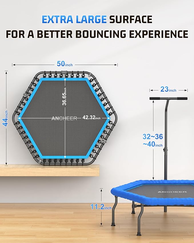 ANCHEER 50" Rebounder Trampoline for Adults- 2025 Foldable Mini Trampoline with Bar- Exercise Trampoline for Adults, Max Load 450lbs/550lbs, for Indoor/Garden Workout