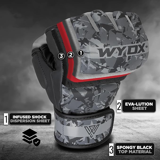 WYOX MMA Gloves for Men & Women β Grappling & Sparring Boxing Gloves with Open Palm Design, Padded Fingerless Training Gloves for Kickboxing, Muay Thai, Youth & Heavy Bag Workouts