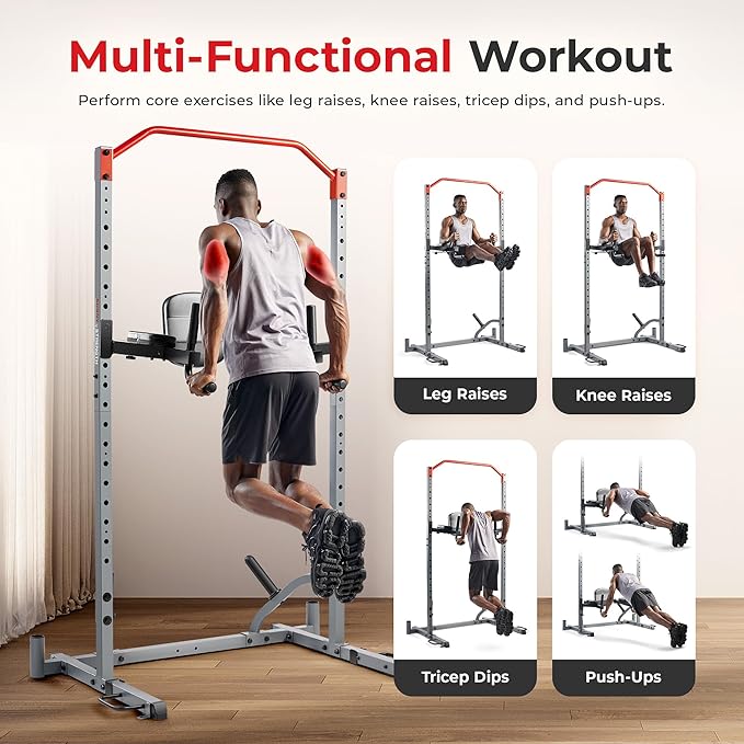 Sunny Health & Fitness Power Cage Squat Rack Upgrade Attachments, Dip Bar, Plate Bar Holder, Belt Squat, J Hook, Lat, Adapter, U Ring, Pull Up Bar, Landmine, Captain's Chair, Tricep Rope For Home Gym