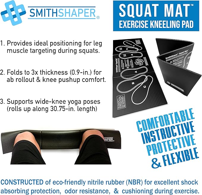 Squat Mat - 30.75" Length - Knee & Leg Muscle Targeting - Folds to 0.90" Thick - Ab Rollouts & Knee Pushups Pad - NBR Black