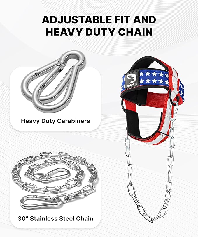 DMoose Neck Harness for Weight Lifting - 30" Heavy Duty Steel Chain - Neck Exerciser, Trainer & Strengthener for Injury Recovery Support & Workout- Adjustable Head & Chin Strap
