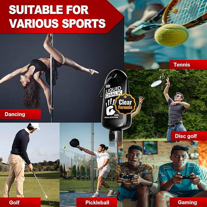 Clear Liquid Chalk, Dry Hands Non Sticky Grip Enhancer, Transparent Anti-Slip Solution for Gymnastics Cheerleading Pole Dancing Tennis Golf Pickleball Badminton and All Sports.