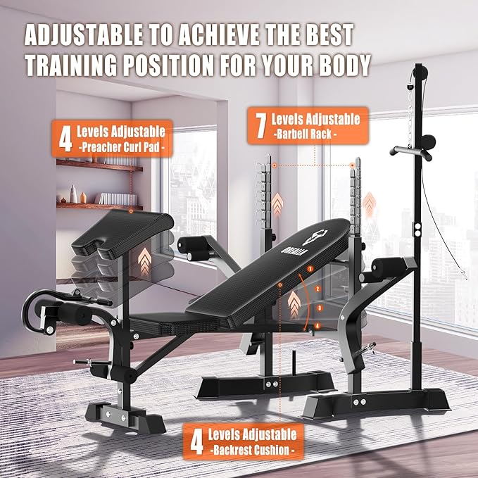 Adjustable Weight Bench - 8 in 1 Multi-Function Bench Press Set Full Body Strength Training Workout Equipment with Leg Developer, Chest Fly, Preacher Curl Pad for Home Gym