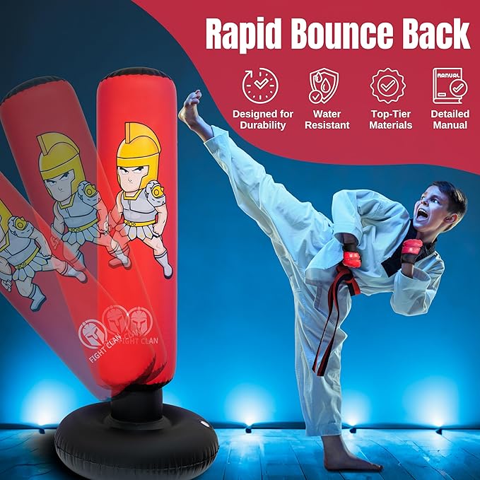 Inflatable Punching Bag for Kids 3-12 with Boxing Gloves - Tall 63 Inch Stable & Thick Punching Bag for Practicing Karate, Taekwondo and to Exert Excess Energy - Birthday Gift for Kids