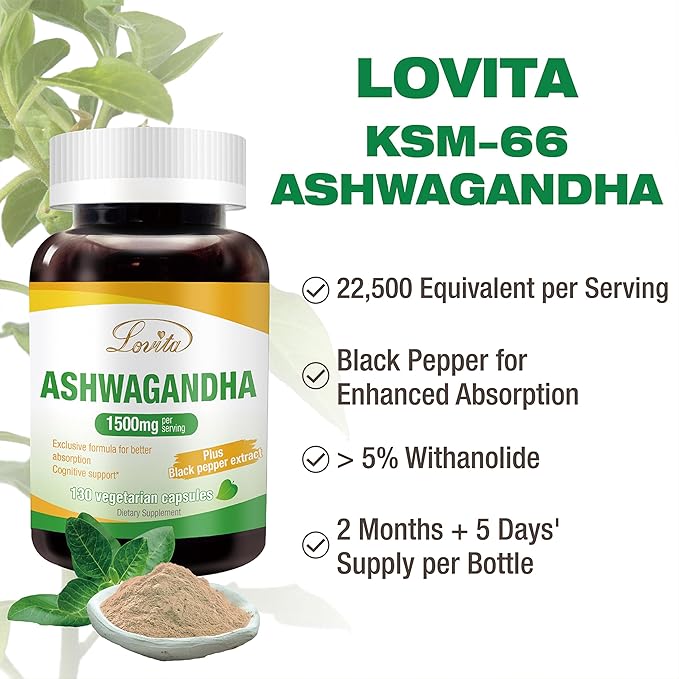 Lovita KSM-66 Ashwagandha | Highly Concentrated 22,500mg Equivalent | 5% Withanolide | 95% Black Pepper Piperine | Stress Relief & Energy Support | Vegan, Gluten Free | 130 Capsules (Pack of 3)