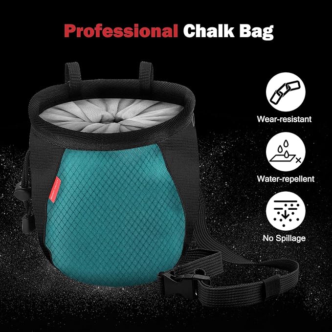 Rhino Valley Climbing Chalk Bag, No Leak Drawstring Chalk Bag with Adjustable Belt, Carabiner Clip and Zippered Pockets Chalk Bag for Climbing, Cross Fit, Weight Lifting & More - Black & Light Blue