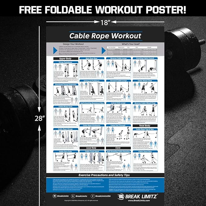 Red Tricep Rope Pull Down & Poster Set | 27 or 36 Inch Heavy Duty Nylon Rope, Chrome Cable Attachment | Professional or Home Gyms | Includes Workout Poster, Snap Hook, Bag
