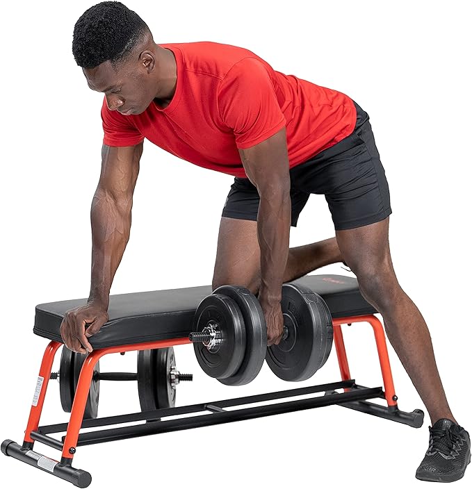 Sunny Health & Fitness Flat Weight Bench Optional Dumbbell Rack for Strength Training, Full Body Workout, Exercise, Home Gym