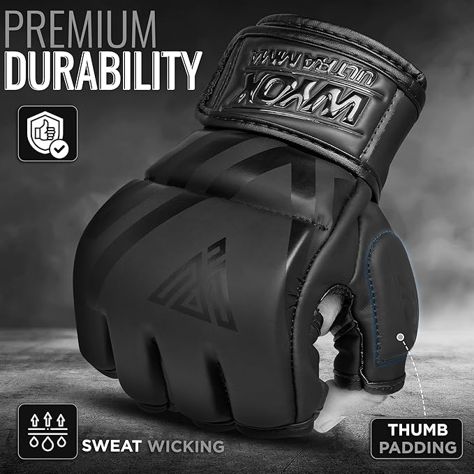 WYOX MMA Gloves for Men & Women β Grappling & Sparring Boxing Gloves with Open Palm Design, Padded Fingerless Training Gloves for Kickboxing, Muay Thai, Youth & Heavy Bag Workouts