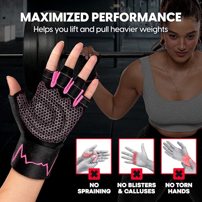 MhIL Workout Gloves for Women โ Comfortable Gym Gloves for Women with Hand Protection and Enhanced Grip โ Weight Lifting Glove for Womens with Wrist Wraps Support for Safety, Hygiene and Style