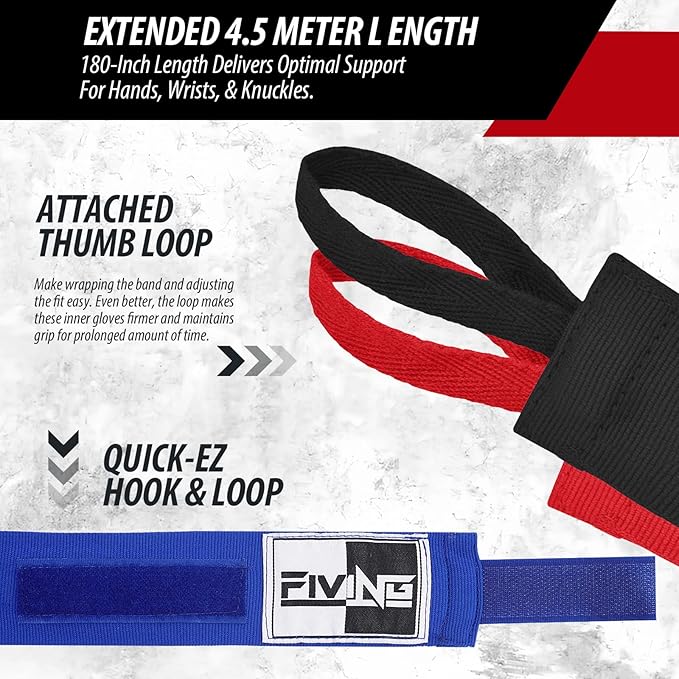FIVING Boxing Hand Wraps Inner Gloves for Men Women, 180 Inch Elasticated Thumb Loop Bandages, Wrist Wrap Protection Muay Thai MMA Kickboxing Martial Arts Punching Bag Training