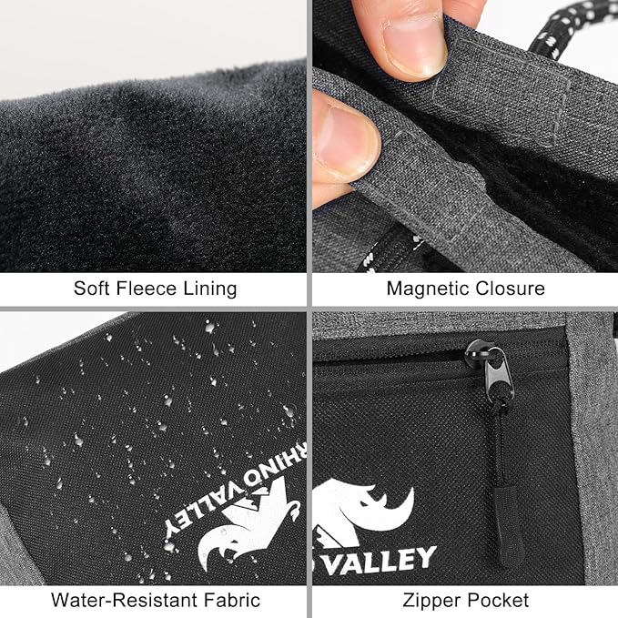 Rhino Valley Chalk Bag for Rock Climbing, No Leak Magnetic Climbing Chalk Bag with Handle, Climbing Chalk Bucket Gear with Adjustable Belt Zipper Pockets for Cross Fit, Weight Lifting
