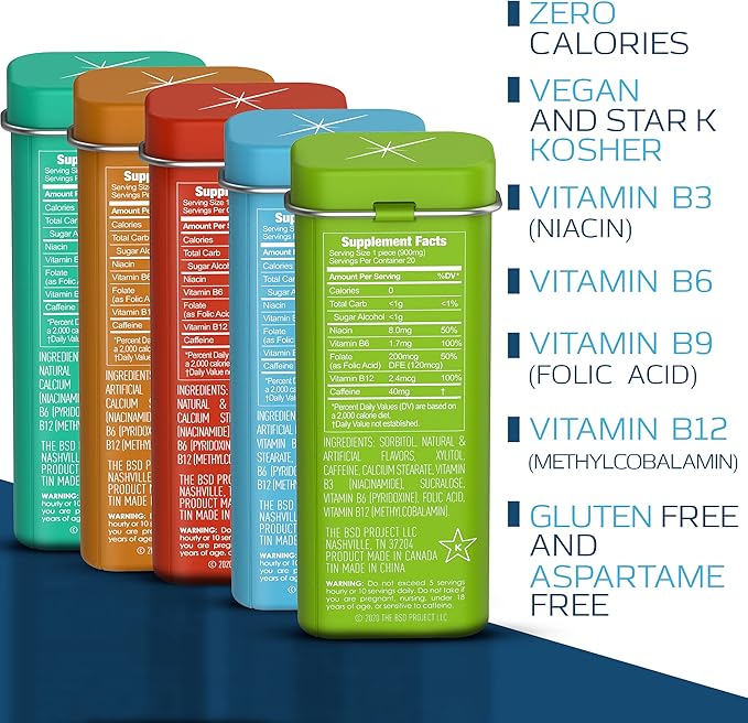 Viter Energy 40mg Caffeine Mints, Sugar Free, B Vitamins, Vegan, Energy & Focus Nootropic Supplement (Variety Flavors, 20pcs, 5 Pack, 100pcs Total)