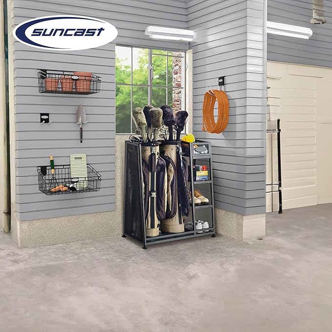 Suncast Garage Golf Bag Shelf Organizer with Leveling Feet and 5 Inch Bin for Club, Ball, and Accessory Storage, 2 Pack