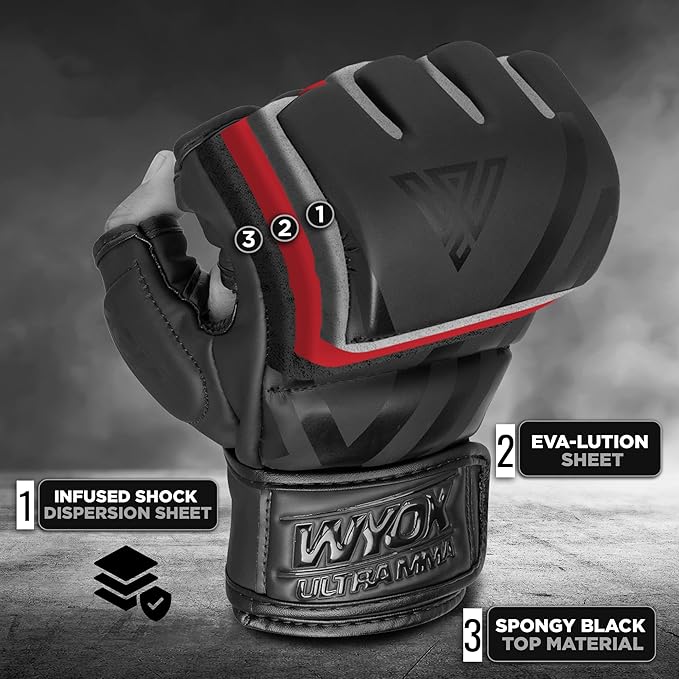 WYOX MMA Gloves for Men & Women β Grappling & Sparring Boxing Gloves with Open Palm Design, Padded Fingerless Training Gloves for Kickboxing, Muay Thai, Youth & Heavy Bag Workouts