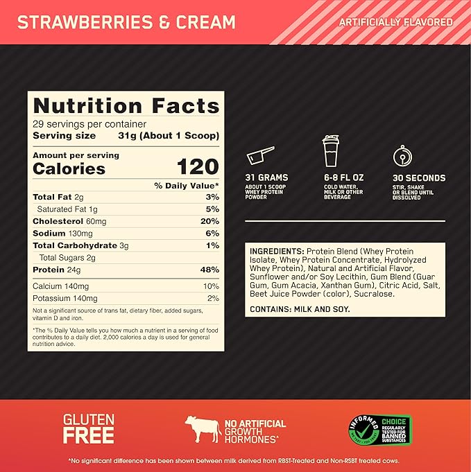 Optimum Nutrition Gold Standard 100% Whey Protein Powder, Strawberries & Cream, 2 Pound(Packaging May Vary)