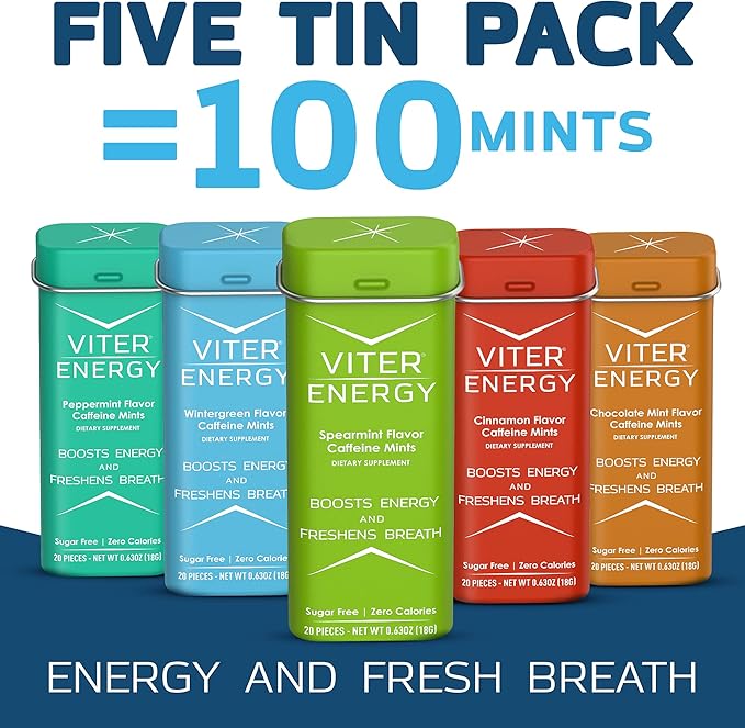 Viter Energy 40mg Caffeine Mints, Sugar Free, B Vitamins, Vegan, Energy & Focus Nootropic Supplement (Variety Flavors, 20pcs, 5 Pack, 100pcs Total)