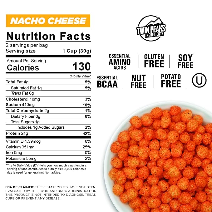 Twin Peaks Low Carb, Keto Friendly Protein Puffs, (Nacho Cheese), 2 Servings, 3 Pack (60g, 42g Protein, 4g Carbs)