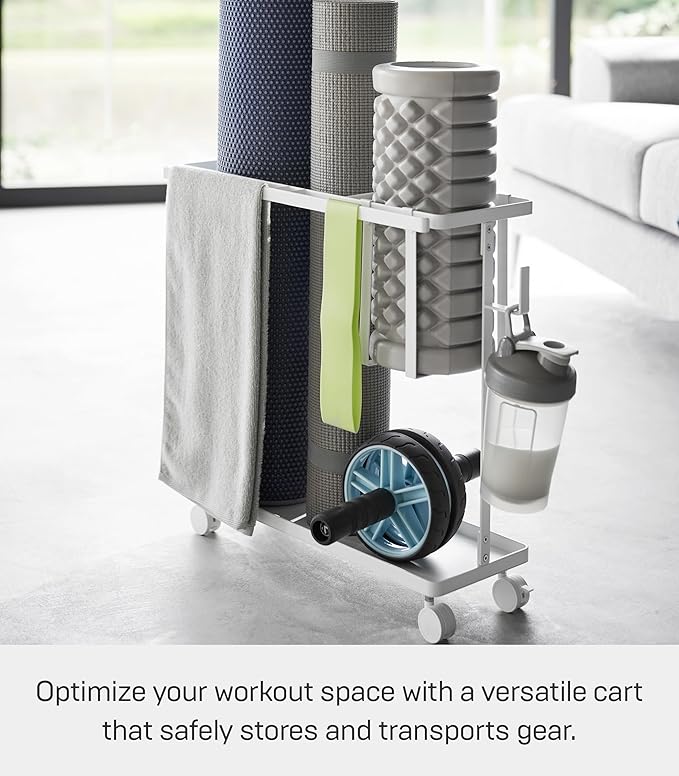 Yamazaki Home Tower Rolling Slim Fitness Rack With Adjustable Holder, Casters, Hooks For Gear Organization - Steel