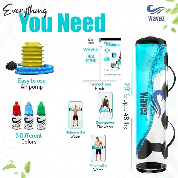 Aqua Bag Fitness Equipment – upto 48lbs Core Pump,3 Dyes,Drawstring