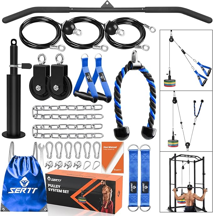SERTT Home Gym Pulley System - Tricep Workout, Lat Pulldown, Biceps Curl, Triceps, Shoulders, Back, Forearm, Weight Cable for Squat Rack, Garage