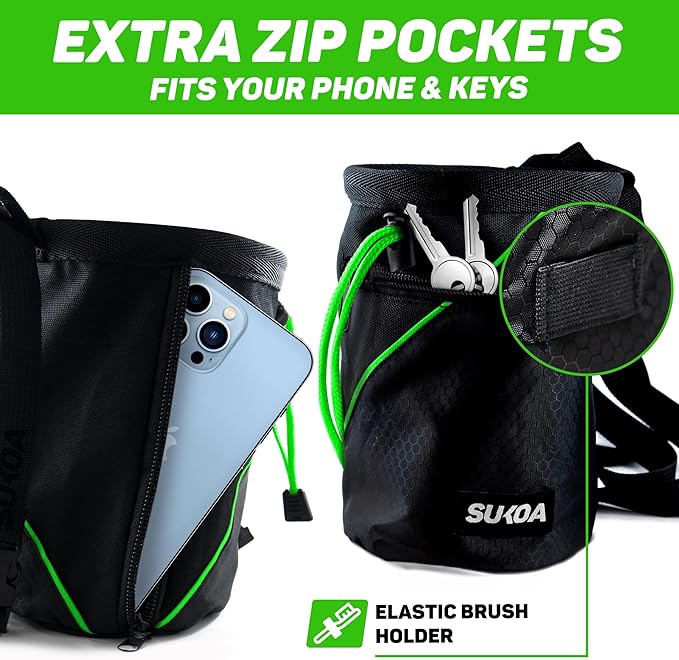Chalk Bag for Rock Climbing - Rock Climbing Gifts Gear Accessories - Quick-Clip Belt, Large Zippered Pockets & Brush Holder - Weight Lifting, Gym, Bouldering, Disc Golf, Wall, Rock Climbing Chalk Bag