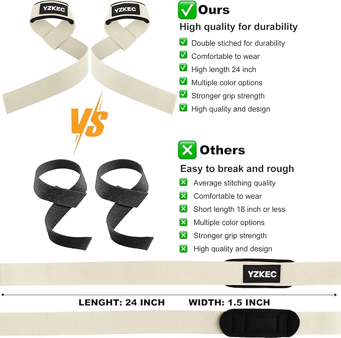24" Cotton Weight Lifting Wrist Straps with Neoprene Cushioned Padded for Wrist Support and Protection,Weightlifting,Strength Training,Bodybuilding,Powerlifting,Dumbbell Workout,Men and Women (Pair)