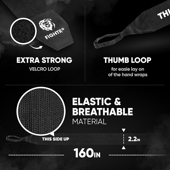 FIGHTR® Boxing Handwraps 160 inches semi-Elastic Hand Wraps with Thumb Loop for Boxing, MMA, Muay Thai & Martial Arts