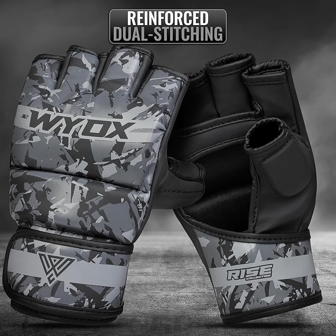 WYOX MMA Gloves for Men & Women β Grappling & Sparring Boxing Gloves with Open Palm Design, Padded Fingerless Training Gloves for Kickboxing, Muay Thai, Youth & Heavy Bag Workouts