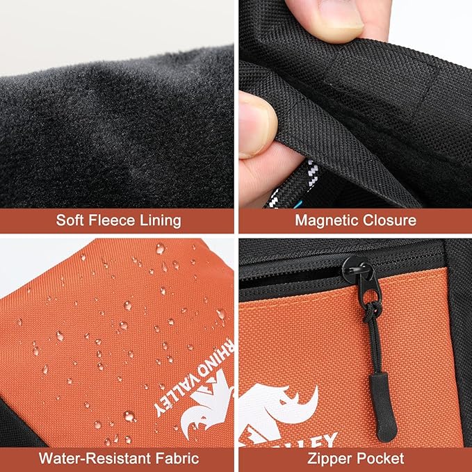 Rhino Valley Chalk Bag for Rock Climbing, No Leak Magnetic Climbing Chalk Bag with Handle, Climbing Chalk Bucket Gear with Adjustable Belt Zipper Pockets for Cross Fit, Weight Lifting