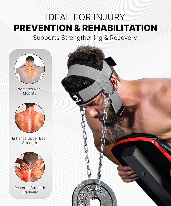 DMoose Neck Harness for Weight Lifting - 30" Heavy Duty Steel Chain - Neck Exerciser, Trainer & Strengthener for Injury Recovery Support & Workout- Adjustable Head & Chin Strap