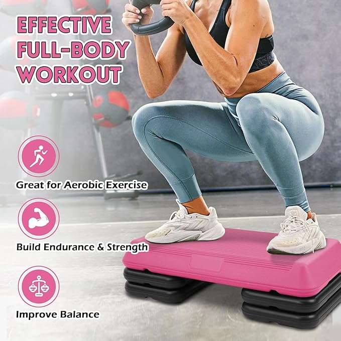Step Aerobic Platform, Exercise Step with 5 levels Adjustable Height, 4 Stackable Risers, Fitness Training Workout Stepper for Home Gym, Cardio Strength, Multiple Options