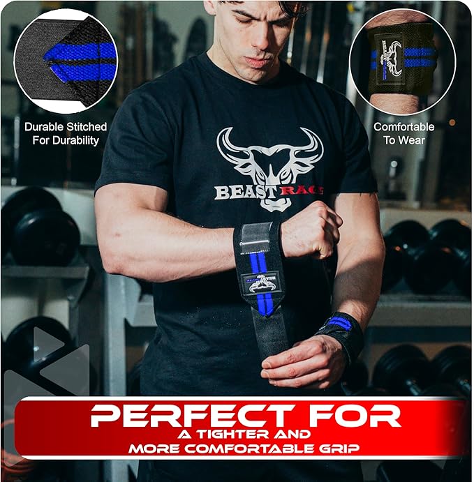 BEAST RAGE Wrist Wraps for Weightlifting - Adjustable Lifting Straps With Thumb Loop for Enhanced Gym Support, Powerlifting, Bodybuilding and Workout