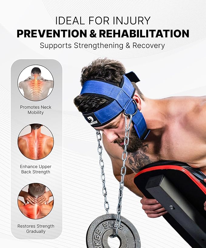DMoose Neck Harness for Weight Lifting - 30" Heavy Duty Steel Chain - Neck Exerciser, Trainer & Strengthener for Injury Recovery Support & Workout- Adjustable Head & Chin Strap