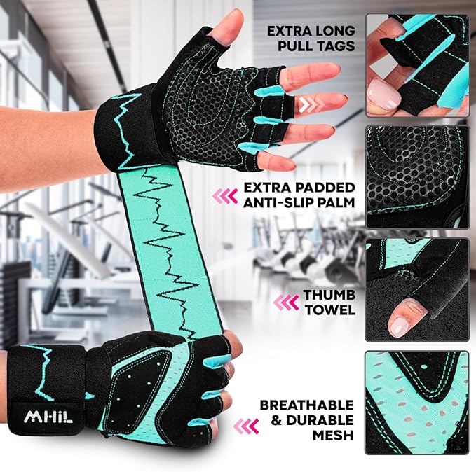 MhIL Workout Gloves for Women โ Comfortable Gym Gloves for Women with Hand Protection and Enhanced Grip โ Weight Lifting Glove for Womens with Wrist Wraps Support for Safety, Hygiene and Style