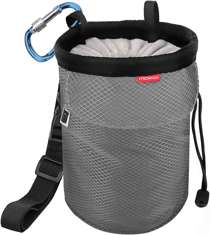 MoKo Rock Climbing Chalk Bag, Bouldering Chalk Pot Bucket with Adjustable Belt & Carabiner Drawstring Climbing Gear