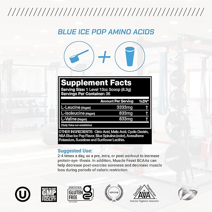 Muscle Feast Vegan BCAA Powder 4:1:1 Ratio Keto Friendly Sugar Free Post Workout Recovery, Blue Ice Pop, 300g