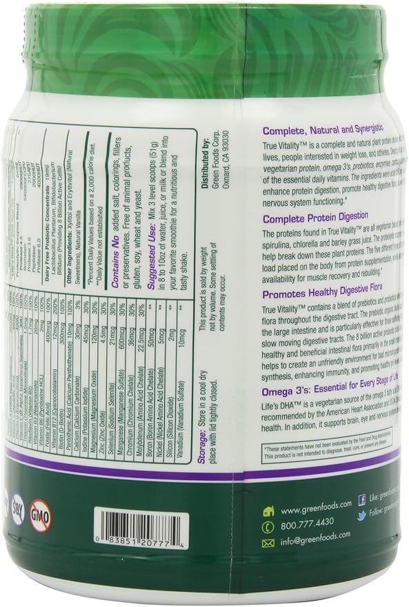 Green Foods True Vitality Plant Protein Shake, Vanilla, 25.2 Ounce (Pack of 2)