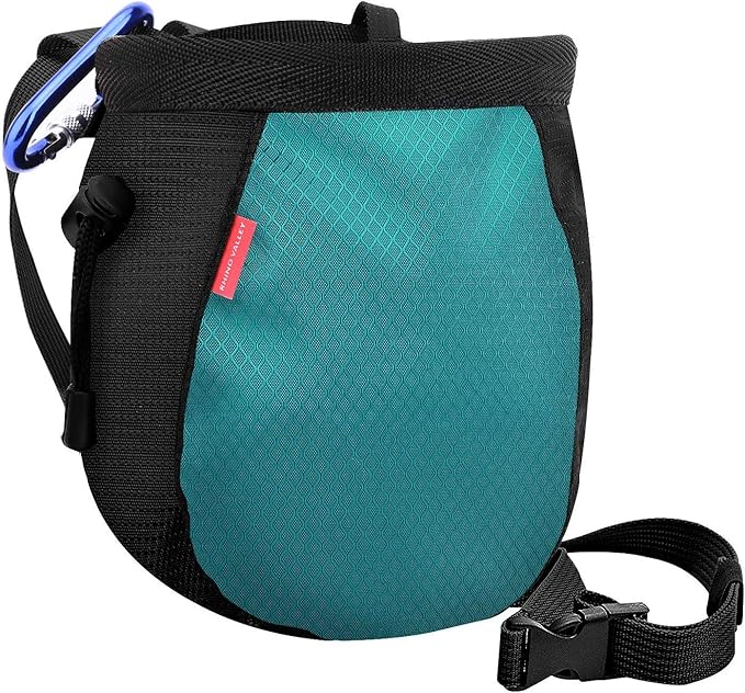 Rhino Valley Climbing Chalk Bag, No Leak Drawstring Chalk Bag with Adjustable Belt, Carabiner Clip and Zippered Pockets Chalk Bag for Climbing, Cross Fit, Weight Lifting & More - Black & Light Blue