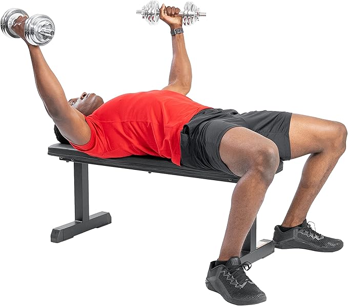 Sunny Health & Fitness Flat Weight Bench Optional Dumbbell Rack for Strength Training, Full Body Workout, Exercise, Home Gym