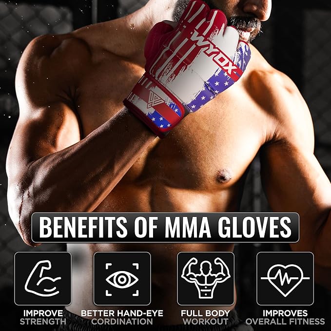 WYOX MMA Gloves for Men & Women β Grappling & Sparring Boxing Gloves with Open Palm Design, Padded Fingerless Training Gloves for Kickboxing, Muay Thai, Youth & Heavy Bag Workouts