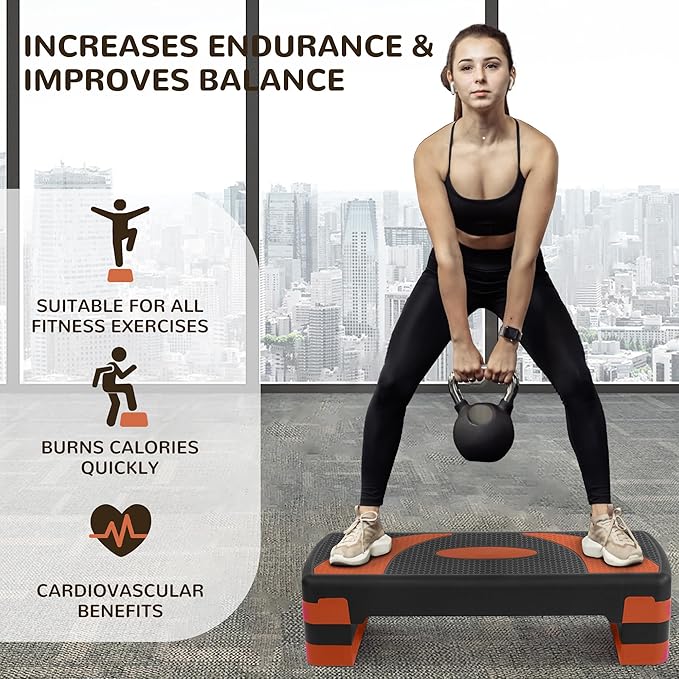 Step Aerobic Platform, Exercise Step with 5 levels Adjustable Height, 4 Stackable Risers, Fitness Training Workout Stepper for Home Gym, Cardio Strength, Multiple Options