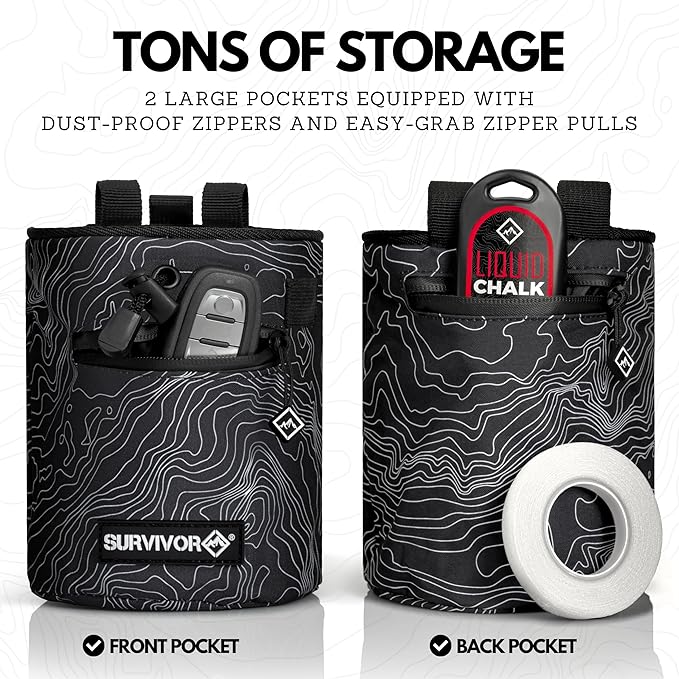 SURVIVOR Chalk Bag + Chalk Ball + Liquid Grip - Iconic Topographical Map, Draw String Closure, 2 Zippered Pockets, & Brush Holder - Bag for Rock Climbing, Bouldering, Weightlifting, Gymnastics & More