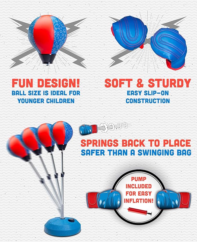 TechTools Punching Bag for Kids, Reflex Boxing Set With Stand - Includes Boxing Gloves, Height Adjustable - Gifts Idea for Boys and Girls Ages 3-8 Years Old